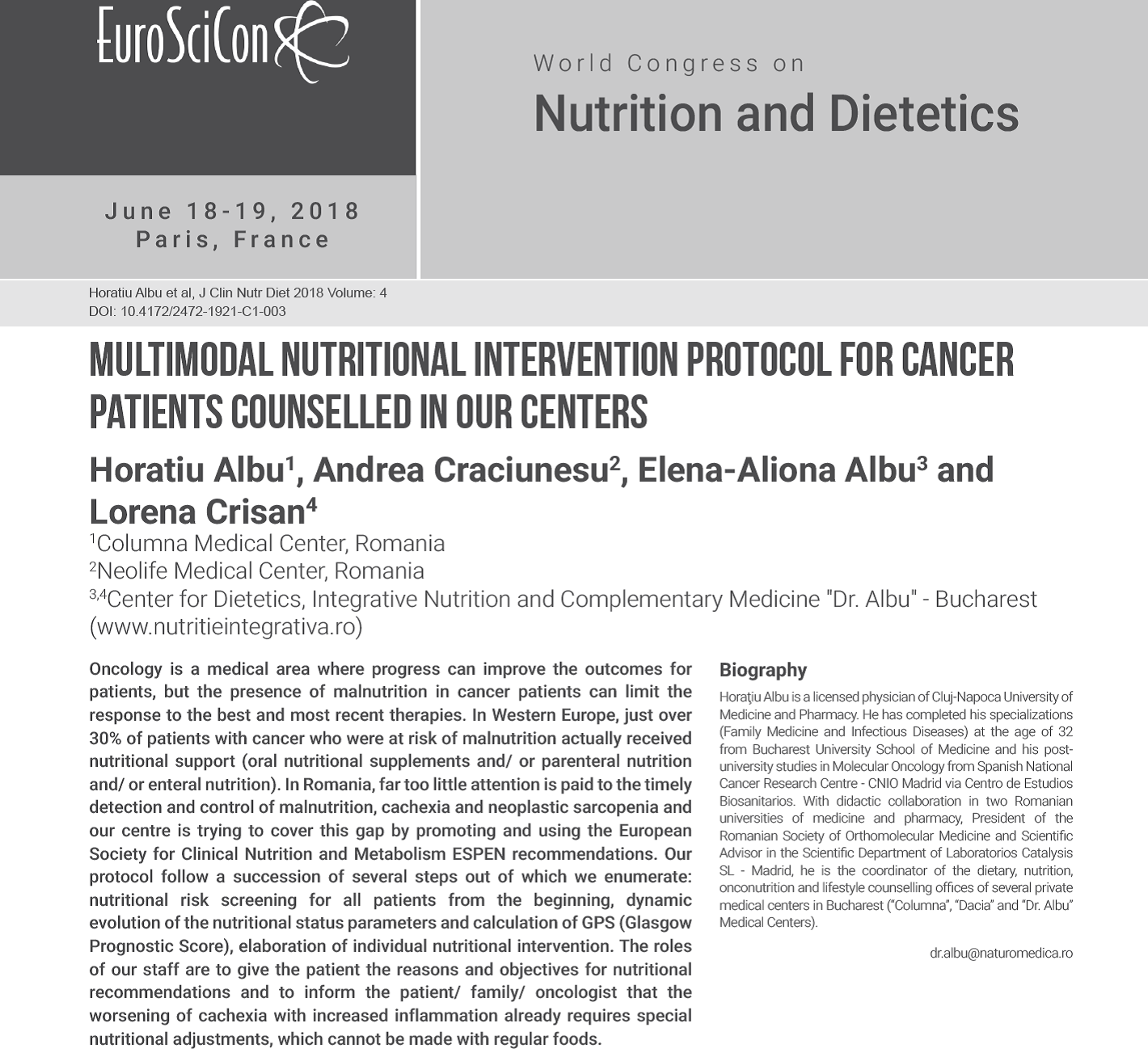 Protocolul interventiei nutritionale multimodale la pacientii cu cancer consiliati in Centrele noastre