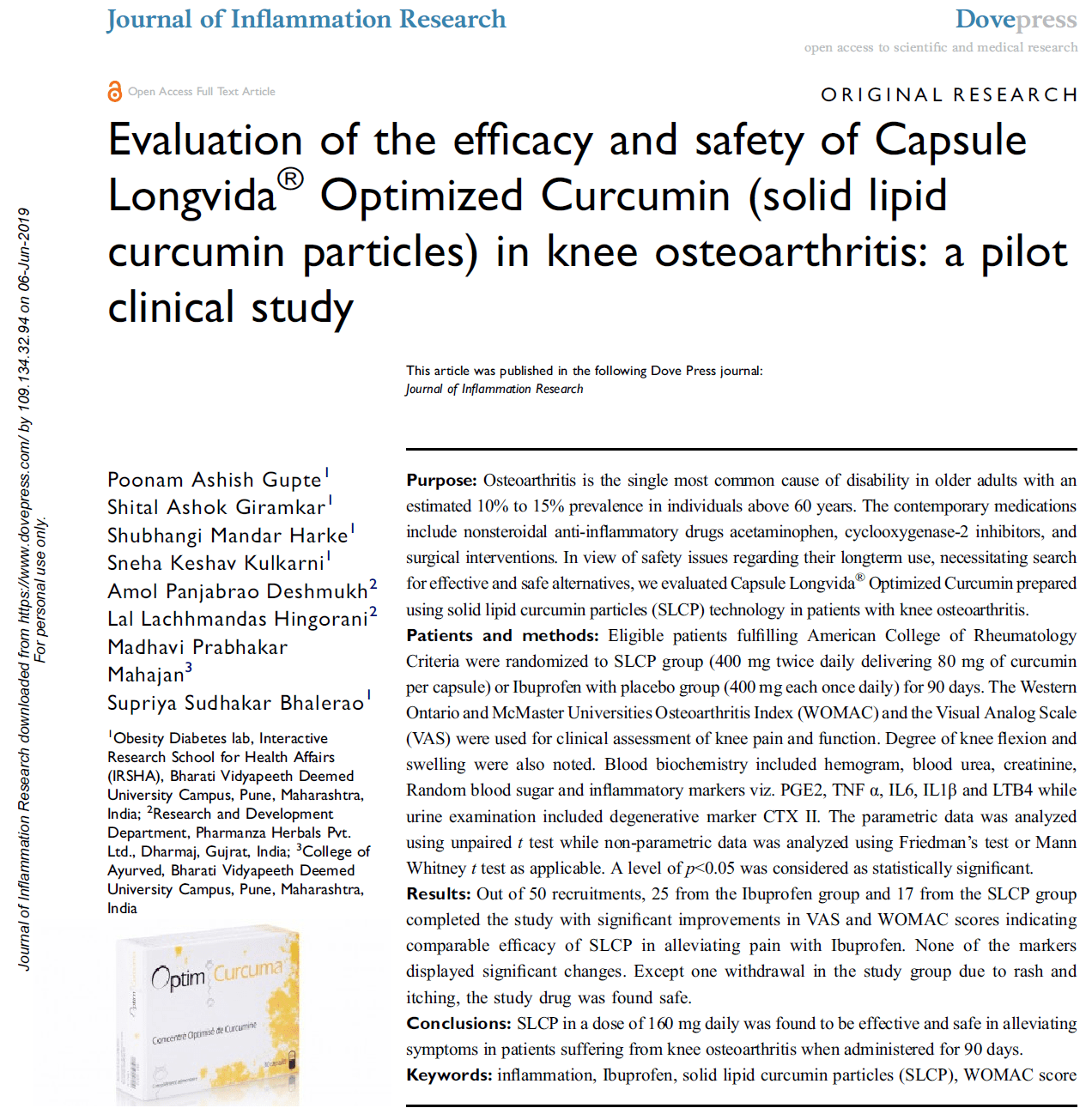 SCPL (Solid Lipid Curcumin Particles) sub forma capsulelor de 400 mg, eficienta similara ibuprofenului